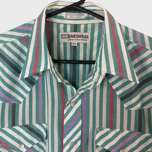 Vintage Ranchwear Western Pearl Snap Shirt Mens 16 1/2 Green Stripe Short Sleeve - Picture 5 of 12